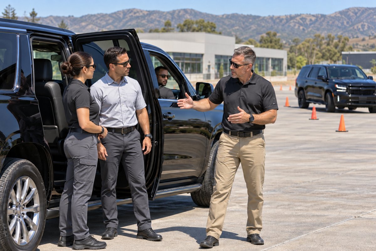 Instructor briefing protection agents beside a black SUV on a driving course